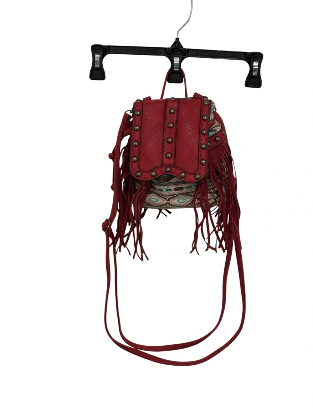 Boho Fringe Studded Hobo Bag in Red - Women's Crossbody Hobo
